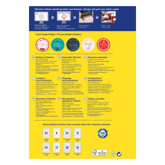 Imaginea prezintă un ghid de proiectare pentru etichete imprimabile, care include șabloane și instrucțiuni în mai multe limbi, inclusiv germană și engleză. Acesta oferă informații despre etichete detașabile și versatile, utilizări ideale și specificații de imprimare.