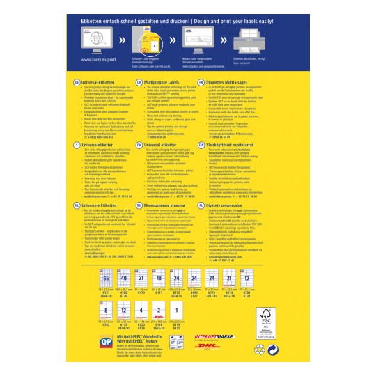 Imaginea prezintă un ghid de instrucțiuni multilingv pentru proiectarea și tipărirea etichetelor, evidențiind diferite tipuri de etichete, caracteristicile acestora și sfaturi pentru tipărire.