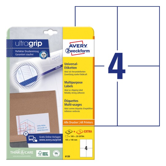 Imagine produs cu foi de etichete: Avery Zweckform Etichete Universale, Articol: 6120, Format: 105 x 148 mm, Compatibilitate de imprimare: Inkjet, Laser alb-negru, Laser color, Conținut: 120 etichete / 30 foi, 4 etichete/foaie.