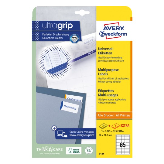 Imagine pachet: Avery Zweckform Etichete universale, adezive permanent, Articol: 6121, Format: 38 x 21,2 mm, Compatibilitate imprimante: Inkjet, Laser alb-negru, Laser color, Conținut: 1.950 etichete / 30 coli, 65 etichete/coală.