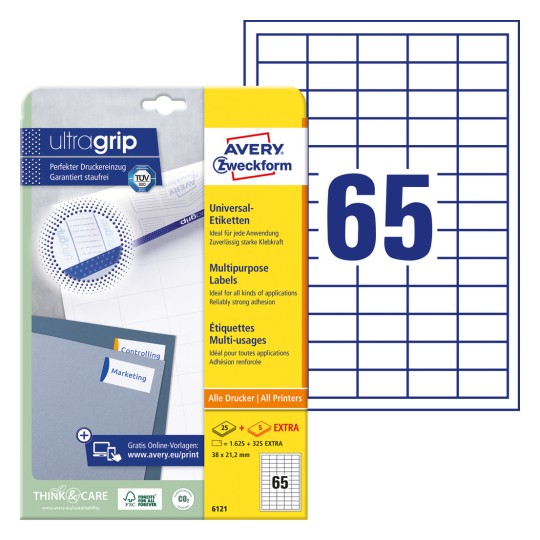 Imagine pachet cu coală de etichete: Avery Zweckform Etichete Universale, Articol: 6121, Format: 38 x 21,2 mm, Potrivit pentru imprimantă: Inkjet, Laser alb-negru, Laser color, Conținut: 1.950 etichete / 30 coli, 65 etichete/coală.
