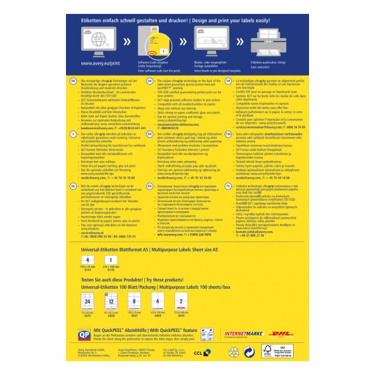 Imaginea este un grafic informativ despre produsele de imprimare etichete de la Avery, care include instrucțiuni în diverse limbi, specificații ale produselor și sfaturi de design pentru imprimarea etichetelor în mod eficient.
