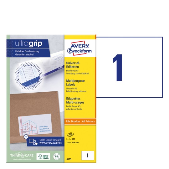 Imagine de pachet cu foi de etichete: Avery Zweckform Etichete universale, Articol: 6135, Format: 210 x 148 mm, Potrivit pentru: Inkjet, Laser alb-negru, Laser color, Conținut: 200 etichete / 200 foi, 1 etichetă/foaie.