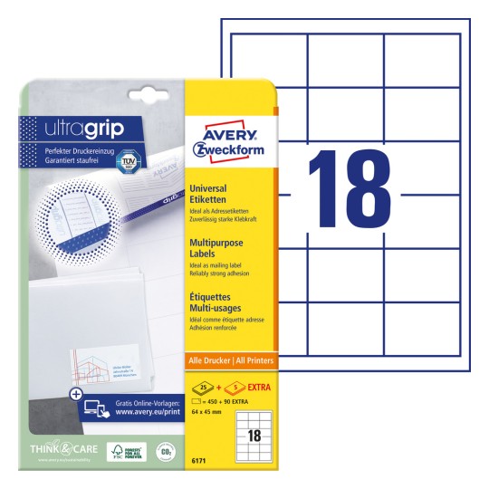 Imagine pachet cu foaie de etichete: Etichete universale Avery Zweckform, articol: 6171, format: 64 x 45 mm, compatibilitate imprimantă: Inkjet, Laser alb-negru, Laser color, conținut: 540 etichete / 30 foi, 18 etichete/foaie?