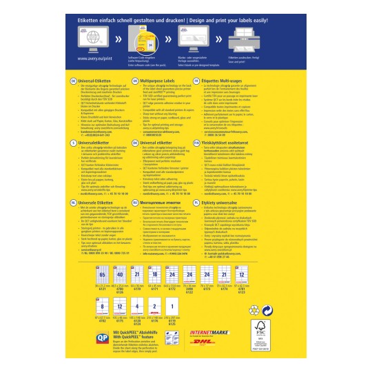 Imaginea conține informații despre etichete universale în mai multe limbi, detaliind tehnologia de imprimare, compatibilitatea și sfaturile de utilizare. Include specificații și șabloane pentru diferite dimensiuni de etichete.