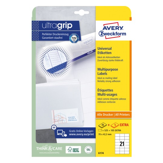 Imagine pachet: Etichete universale Avery Zweckform, adeziv permanent, Articol: 6174, Format: 70 x 42,3 mm, Potrivite pentru imprimantă: Inkjet, Laser alb-negru, Laser color, Conținut: 630 etichete / 30 coli, 21 etichete/coală.