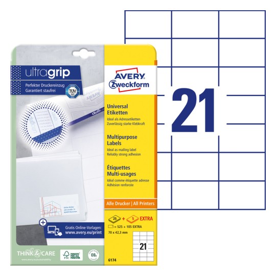 Imagine cu etichete: Avery Zweckform Etichete Universale, Articol: 6174, Format: 70 x 42,3 mm, Potrivire pentru imprimantă: Inkjet, Laser alb-negru, Laser color, Conținut: 630 etichete / 30 foi, 21 etichete/foaie.