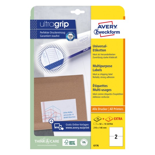 Imaginea ambalajului: Avery Zweckform etichete universale, adezive permanente, articol: 6176, format: 210 x 148 mm, compatibilitate la imprimare: Inkjet, Laser alb-negru, Laser color, conținut: 60 etichete / 30 coli, 2 etichete/coală.