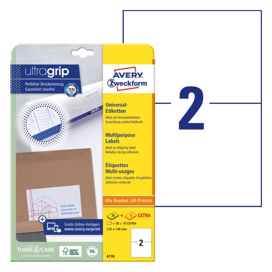 Imagine pachet cu foi de etichete: Avery Zweckform Etichete Universale, Articol: 6176, Format: 210 x 148 mm, Tipărire: Inkjet, Laser alb-negru, Laser color, Conținut: 60 etichete / 30 foi, 2 etichete/foaie.