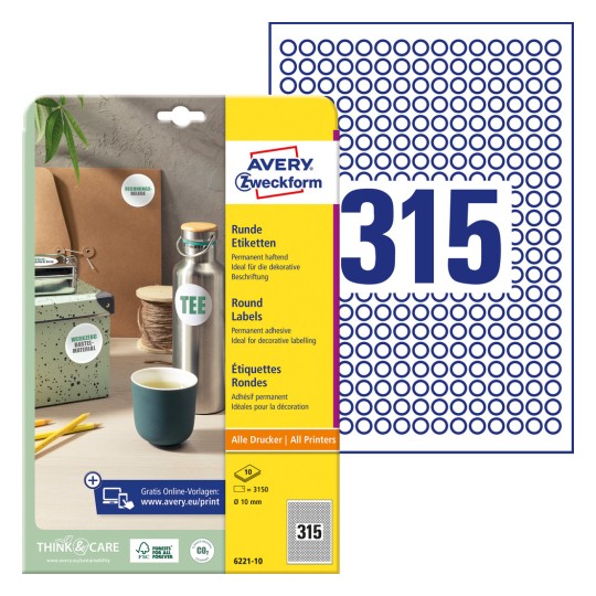 Imagine pachetului cu foaie de etichete: Avery Zweckform Etichete rotunde, Produs: 6221-10, Dimensiune: ⌀ 10 mm, Compatibilitate imprimantă: Inkjet, Laser alb-negru, Laser color, Conținut: 3.150 etichete / 10 foi, 315 etichete/foaie.