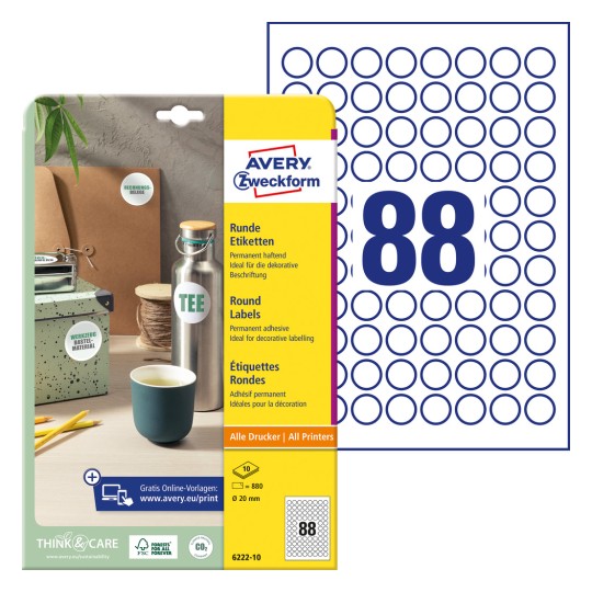 Imagine produs cu planșă de etichete: Avery Zweckform Etichete rotunde, Articol: 6222-10, Format: ⌀ 20 mm, Potrivit pentru imprimante: Inkjet, Laser alb-negru, Laser color, Conținut: 880 etichete / 10 coli, 88 etichete/coală.