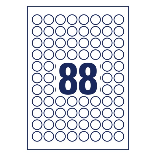 Desen ștanțat, coală individuală A4, Articol: 6222REV-10, Etichete rotunde, detașabile, Format: ⌀ 20 mm, 88 etichete/coală