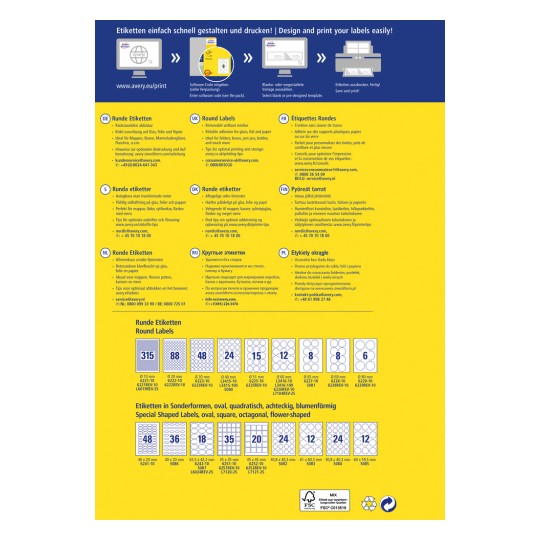 Imaginea oferă informații despre diverse opțiuni de tipărire a etichetelor de la Avery, inclusiv etichete rotunde și cu forme speciale. Conține text în mai multe limbi care descrie produsele și oferă sfaturi pentru tipărirea optimă și îndepărtarea adezivului.