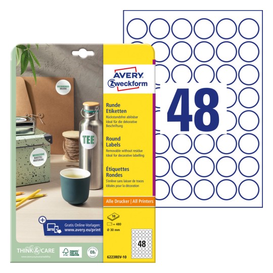 Imagine pachet cu coală de etichete: Avery Zweckform Etichete rotunde, detașabile, Articol: 6223REV-10, Format: ⌀ 30 mm, Compatibilitate pentru imprimare: Inkjet, laser alb-negru, laser color, Conținut: 480 etichete / 10 foi, 48 etichete/foaie?