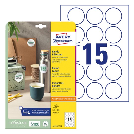 Imagine de ambalaj cu foaie de etichete: Etichete rotunde Avery Zweckform, detașabile, Articol: 6225REV-10, Dimensiuni: ⌀ 51 mm, Compatibilitate imprimantă: Inkjet, Laser alb-negru, Color laser, Conținut: 150 de etichete / 10 foi, 15 etichete/foaie.