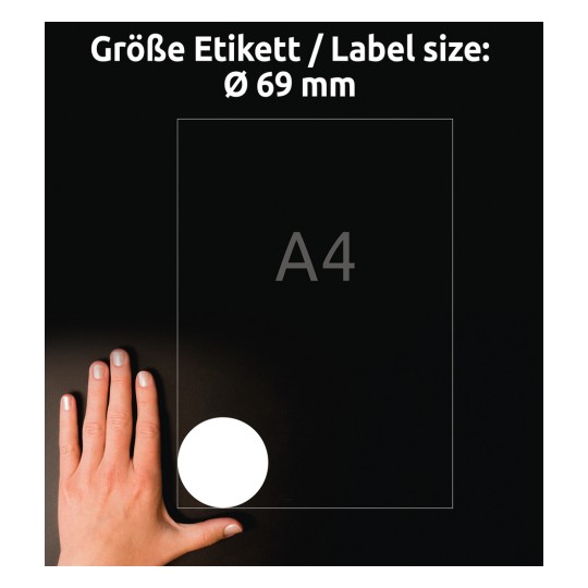 Compararea dimensiunilor cu mâna, articol: 6228-10, o foaie de etichete rotunde, format: ⌀ 69 mm, culoare: alb?