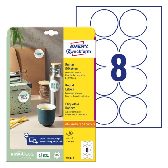 Imaginea ambalajului cu foi de etichete: Avery Zweckform Etichete Rotunde, Articol: 6228-10, Dimensiuni: ⌀ 69 mm, Potrivire pentru imprimantă: Inkjet, Laser alb-negru, Laser color, Conținut: 80 etichete / 10 foi, 8 etichete/foaie.