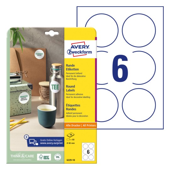 Imaginea ambalajului cu foaie de etichete: Avery Zweckform Etichete rotunde, Articol: 6229-10, Format: ⌀ 80 mm, Potrivit pentru imprimantă: Inkjet, Laser alb-negru, Laser color, Conținut: 60 etichete / 10 coli, 6 etichete/coală?