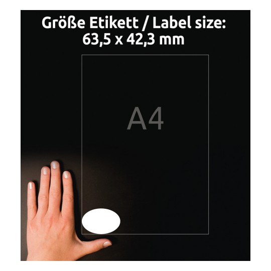 Comparație de dimensiuni cu mâna, articol: 6242-10, o coală de etichete ovale, format: 63,5 x 42,3 mm, culoare: alb?