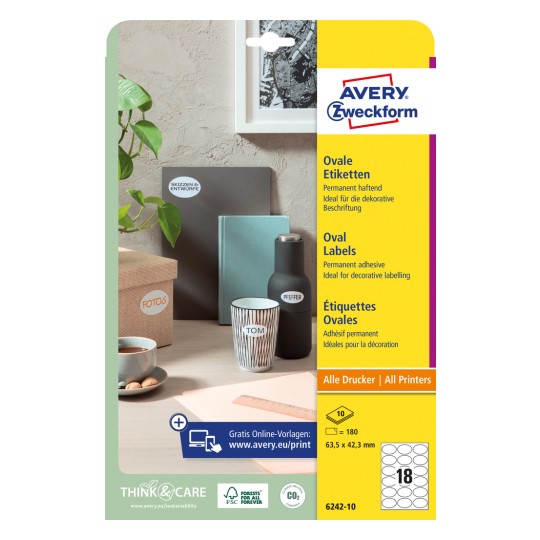 Imagine pachet: Avery Zweckform Etichete Ovale, Articol: 6242-10, Format: 63,5 x 42,3 mm, Compatibilitate imprimantă: Inkjet, Laser alb-negru, Laser color, Conținut: 180 etichete / 10 coli, 18 etichete/coală.