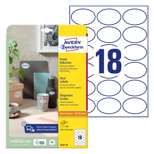 Imagine produsului cu foaie de etichete: Avery Zweckform Etichete Ovale, Articol: 6242-10, Dimensiuni: 63,5 x 42,3 mm, Potrivite pentru tipărire: Inkjet, Laser monocrom, Laser color, Conținut: 180 de etichete / 10 foi, 18 etichete/foaie.