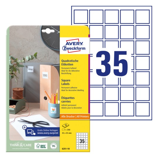 Imaginea pachetului cu coală de etichete: Avery Zweckform Etichete pătrate, Articol: 6251-10, Format: 35 x 35 mm, Potrivit pentru tipărire: Inkjet, Laser alb-negru, Laser color, Conținut: 350 de etichete / 10 coli, 35 de etichete/coală?