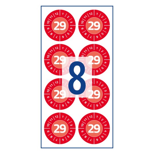 Pattern of red circular stickers showing number 29 with a large blue number 8 overlay