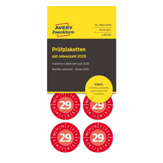 Packaging for Avery inspection labels showing red circular '29' stickers and product information