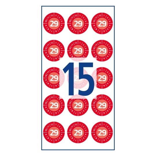 Pattern of red circular stickers showing number 29 with a large blue number 15 overlay