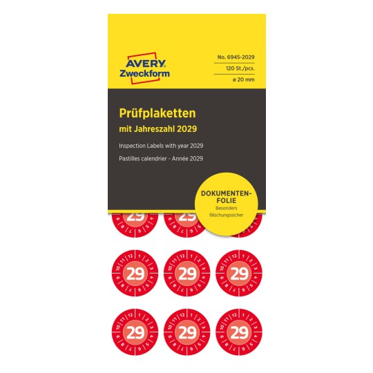 Avery inspection label sheet showing red circular '29' year stickers and packaging text