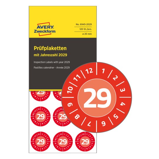 Sheet of red circular inspection labels marked with number 29 and months