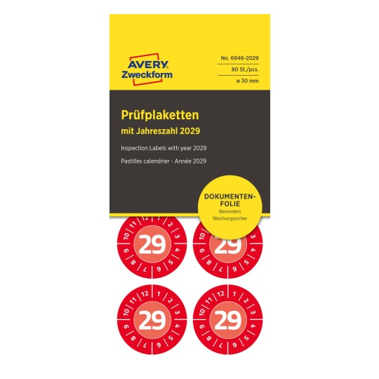 Avery inspection label packaging showing red circular 2029 year stickers