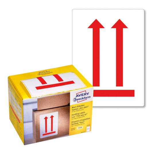 Imagine de ambalaj cu rolă de etichete: Etichete de avertizare simbol Avery Zweckform, Articol: 7250, Format: 74 x 100 mm, Conținut: 1 etichetă / 1 rolă, Etichete/rolă?