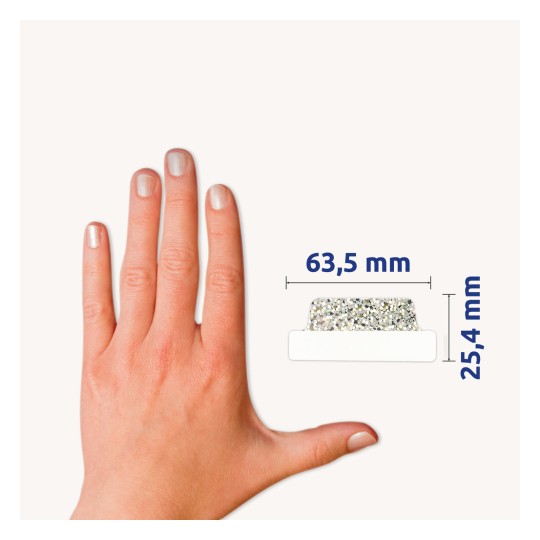 Comparație de dimensiuni cu mâna, Articol: 74179, o coală de benzi adezive, Format: 63,5 x 25,4 mm, Culoare: Argintiu?