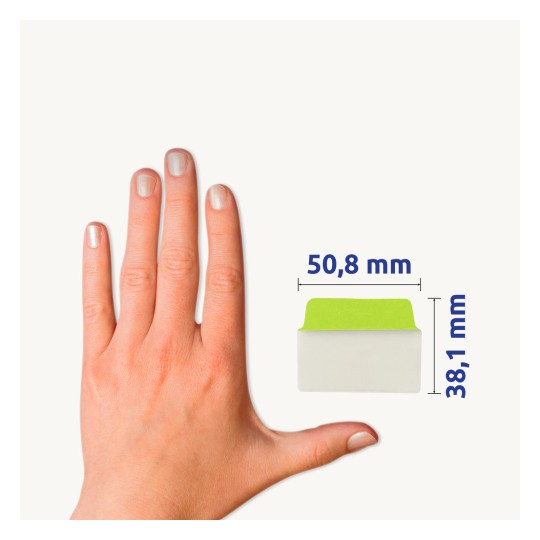 Comparație de dimensiuni cu mâna, Articol: 74753, o foaie de benzi adezive, Format: 50,8 x 38,1 mm, Culoare: verde neon, portocaliu neon, roz neon.