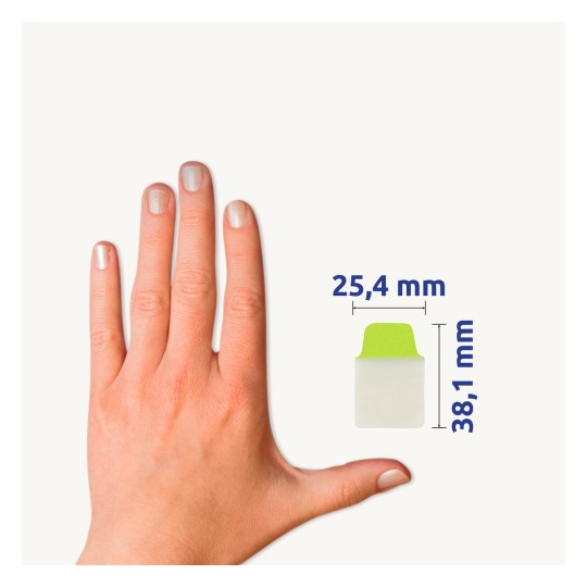 Comparare mărime cu mâna, articol: 74759, o coală de benzi adezive, format: 25,4 x 38,1 mm, culoare: verde neon, roz neon, portocaliu neon, galben neon.