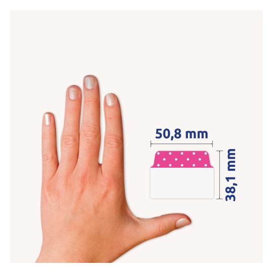 Comparație de mărime cu mâna, articol: 74773, o foaie de etichete adezive, format: 50,8 x 38,1 mm, culori: albastru deschis, roz, violet.