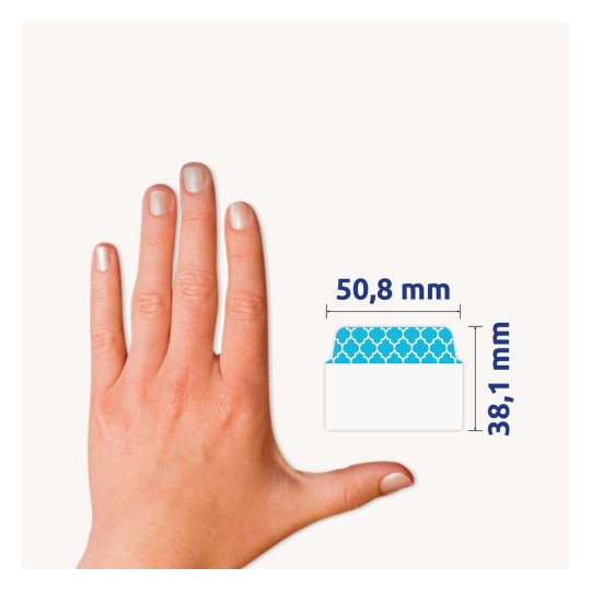 Comparare de mărime cu mâna, Articol: 74774, o foaie de etichete adezive, Format: 50,8 x 38,1 mm, Culoare: Albastru, Verde, Roz?