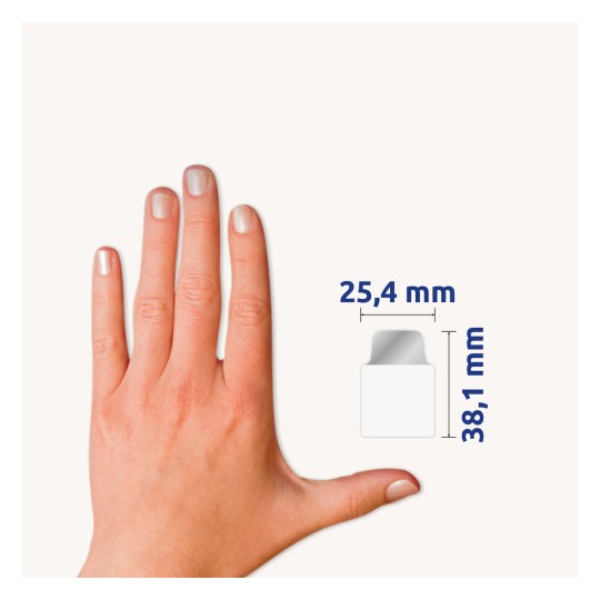 Comparație de dimensiune cu mâna, articol: 74785, o foaie de benzi autocolante, format: 25,4 x 38,1 mm, culori: auriu, roz auriu, argintiu, cupru.