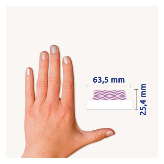 Comparație de mărime cu mâna, articol: 74897, o foaie de benzi adezive, format: 63,5 x 25,4 mm, culoare: albastru, verde, roz, mov?