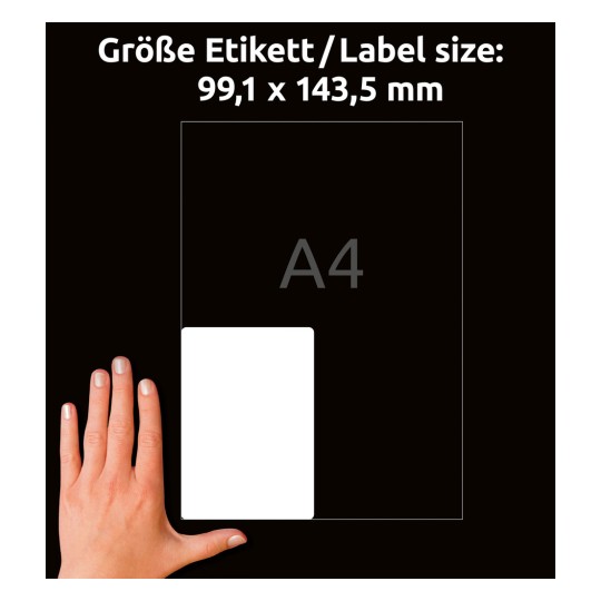 Comparație de dimensiune cu mâna, articol: 8017-300, o coală de etichete de expediere, format: 99,1 x 143,5 mm, culoare: alb?