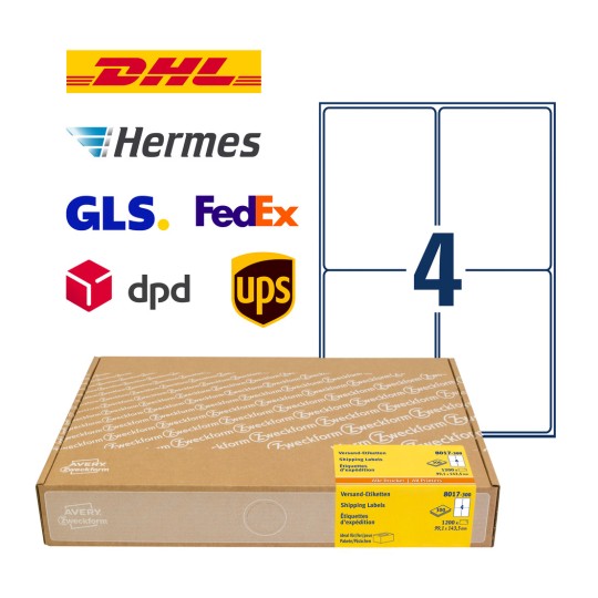 Imaginea ambalajului cu foaie de etichete: Avery Zweckform Etichete de expediere, Articol: 8017-300, Format: 99,1 x 143,5 mm, Compatibilitate imprimantă: cu jet de cerneală, laser alb-negru, laser color, Conținut: 1.200 etichete / 300 coli, 4 etichete/coală.