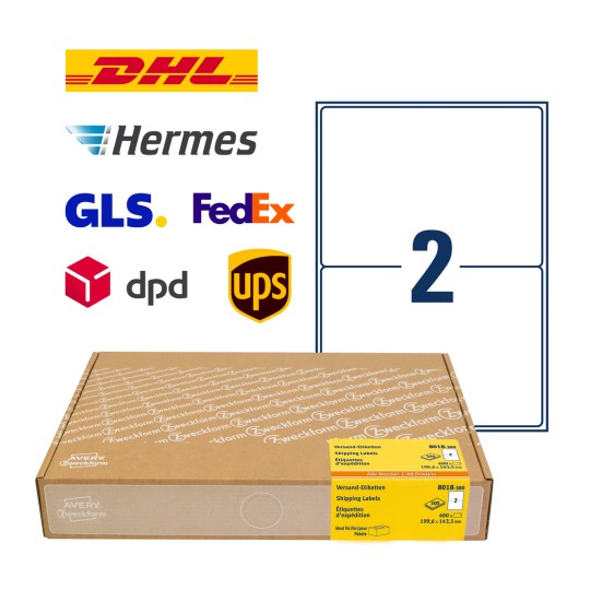 Imagine ambalaj cu foaie de etichete: Avery Zweckform Etichete de expediere, Articol: 8018-300, Format: 199,6 x 143,5 mm, Compatibilitate imprimantă: Inkjet, Laser alb-negru, Laser color, Conținut: 600 etichete / 300 foi, 2 etichete/foaie?