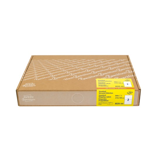 Imagine pachet: Etichete de expediție Avery Zweckform, Ambalaj mare, Articol: 8026-300, Format: 210 x 148 mm, Compatibilitate imprimantă: Inkjet, Laser alb-negru, Laser color, Conținut: 600 etichete / 300 coli, 2 etichete/coală.