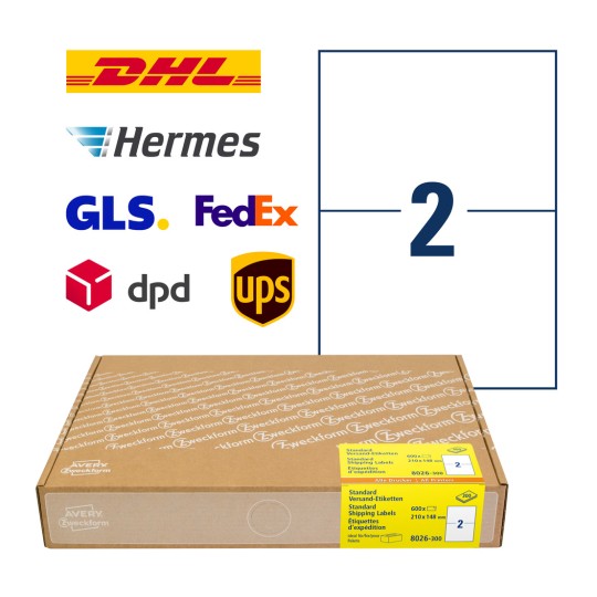 Imaginea pachetului cu foaie de etichete: Etichete de expediere Avery Zweckform, Articol: 8026-300, Format: 210 x 148 mm, Potrivit pentru imprimante: Inkjet, Laser alb-negru, Laser color, Conținut: 600 de etichete / 300 coli, 2 etichete/coală.