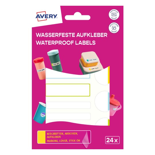 Imaginea afișează ambalajul pentru etichete rezistente la apă de la Avery. Aceasta prezintă recipiente colorate și etichete cu nume, subliniind utilizarea lor pentru marcarea și acoperirea obiectelor.
