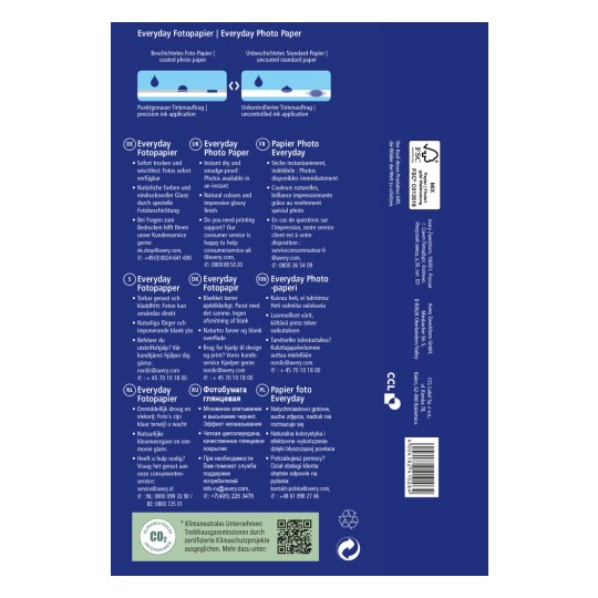 Imaginea afișează informații despre ambalajul 'Everyday Photo Paper' în mai multe limbi, evidențiind caracteristici precum uscare instantanee, culori naturale și contacte pentru suport clienți.