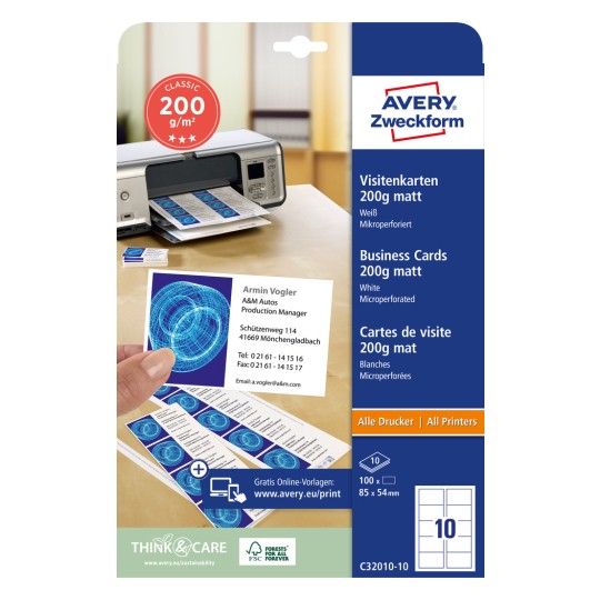 Imaginea ambalajului: Avery Zweckform Toate tipurile de imprimante, Articol: C32010-10, Format: 85 x 54 mm, Compatibilitate cu imprimante: Inkjet, laser color, laser alb-negru, copiator, Conținut: 100 de carduri / 10 coli, 10 carduri/coală.