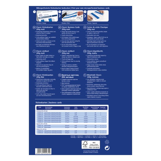 Imaginea afișează un ghid pentru imprimarea cărților de vizită micro-perforate. Include informații în mai multe limbi despre specificațiile cărților, caracteristici și opțiuni de imprimare.