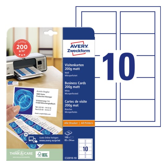 Imaginea de pe ambalaj cu foaie de carton: Avery Zweckform Classic cărți de vizită, articol: C32010-10, format: 85 x 54 mm, compatibilitate imprimantă: inkjet, laser color, laser alb-negru, copiator, conținut: 100 cărți / 10 foi, 10 cărți/foaie?
